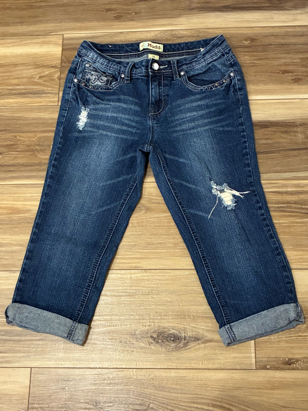 Mudd Girls Dark Blue Distressed Capri Boyfriend Jeans Size 14